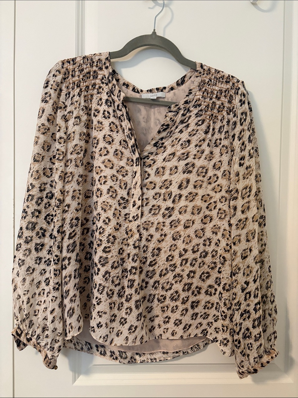 Joie Taupe Leopard Print Smocked Yoke Blouse